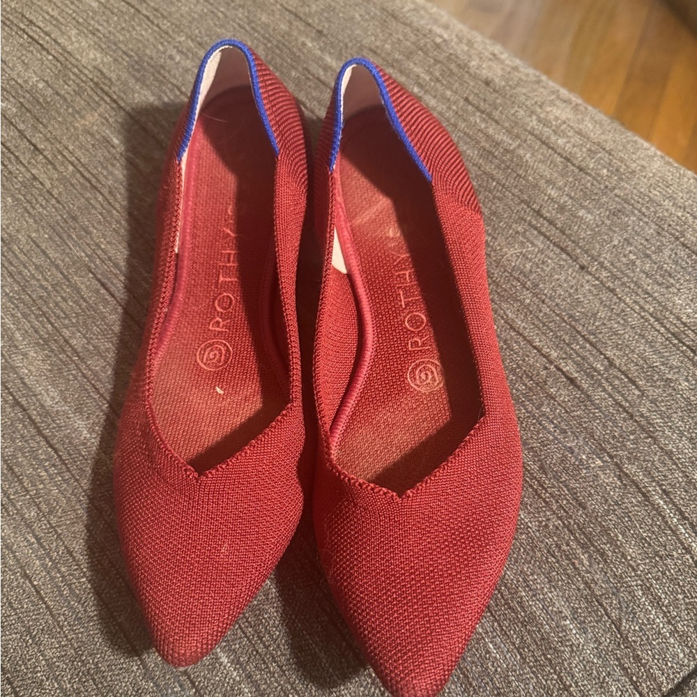 Rothy's The Point red knit ballet flats with a blue trim